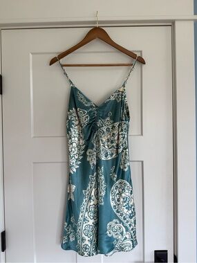 Zara Teal and Cream Paisley  Satin Slip Dress